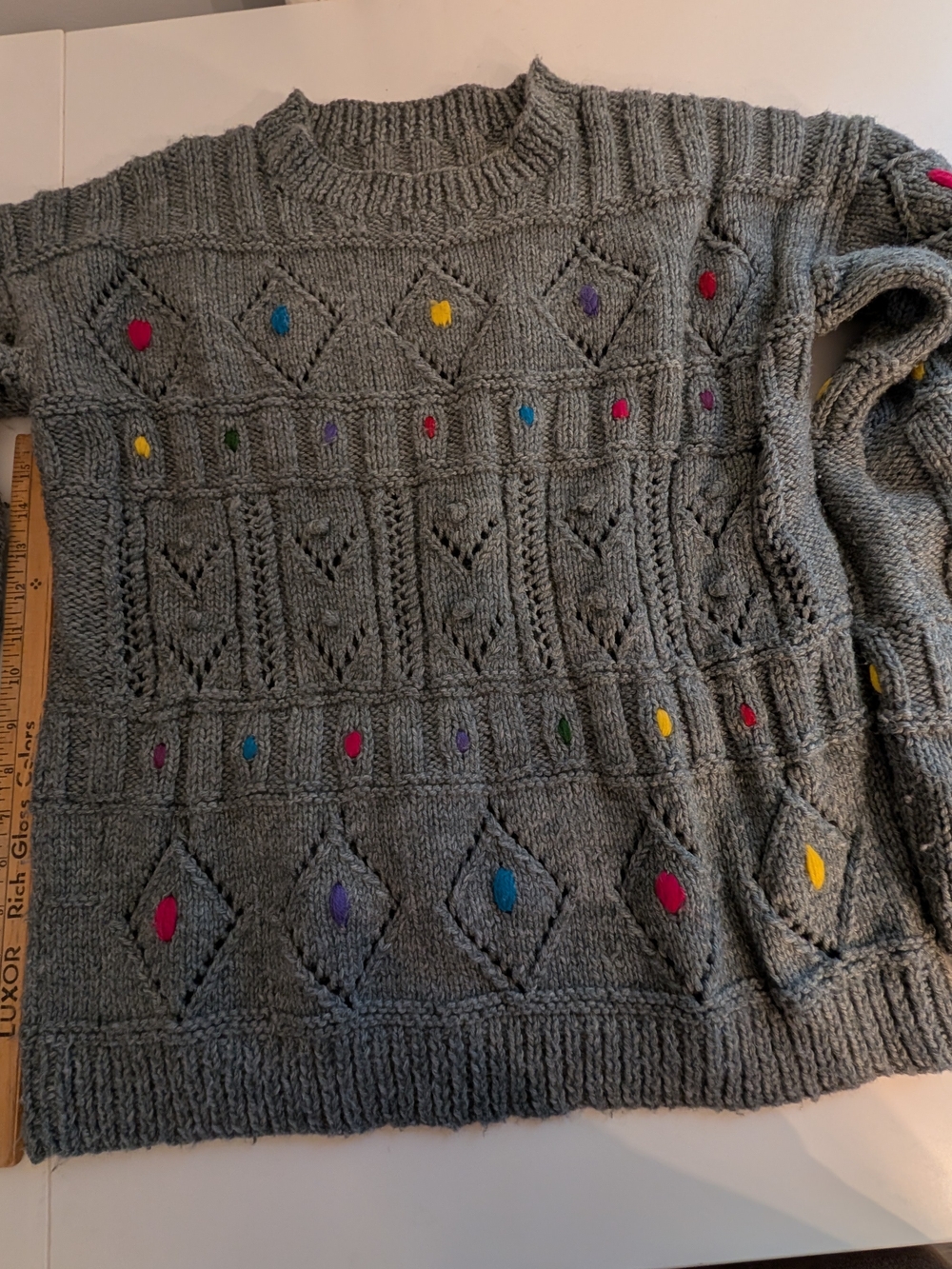 Gray Women's Hand Knit Sweater with Colorful Dot Accents Y2K 90s Retro Vintage